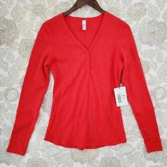 NWT ZYIA Waffle Knit Henley V neck Sweater Women's M Red - Picture 1 of 7